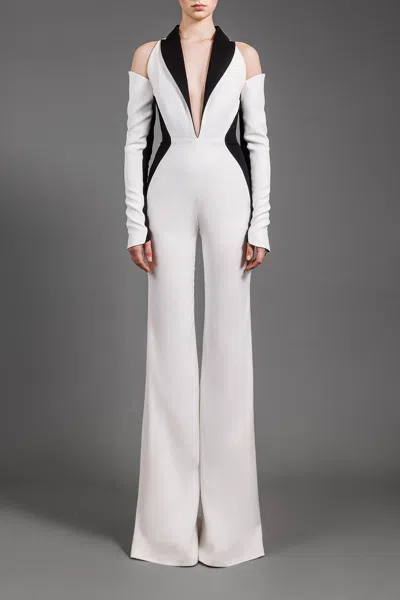Jean Louis Sabaji Long Sleeve Crêpe Jumpsuit In Ivory