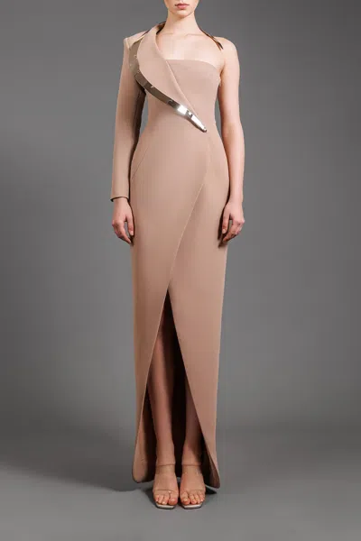 Jean Louis Sabaji One Sleeve Crêpe Coat Gown In Beige