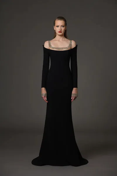 Jean Louis Sabaji Open Shoulder Embroidered Gown In Multi