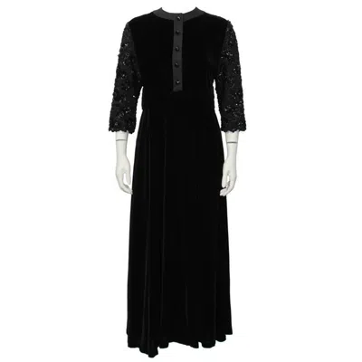 Pre-owned Jean Louis Scherrer 1980's Scherrer Black Velvet Dress With Beaded Sleeves