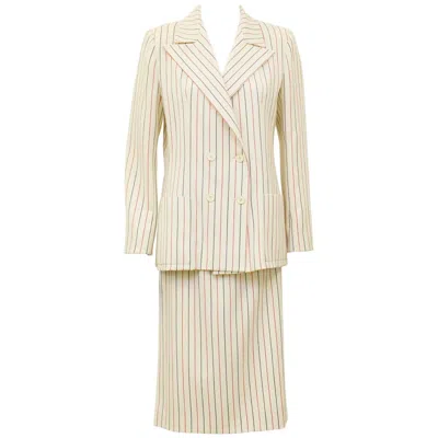 Pre-owned Jean Louis Scherrer 1980's Scherrer Pin Stripe Wool Suit In Sand