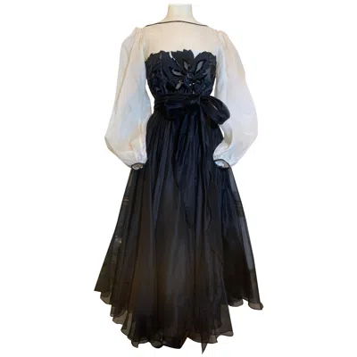 Pre-owned Jean Louis Scherrer 1980s Jean-louis Scherrer Black & White Silk Organza Dress W Beaded Bodice