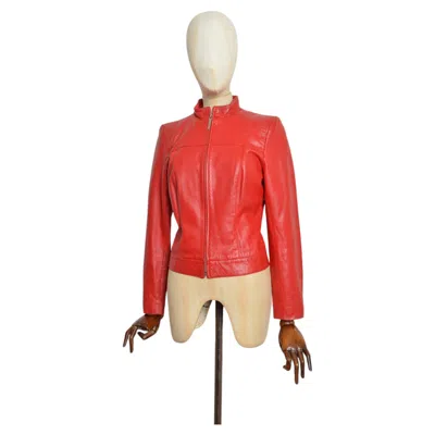 Pre-owned Jean Louis Scherrer 2000's Vintage Jean-louis Scherrer Cherry Red Fitted Leather Biker Jacket