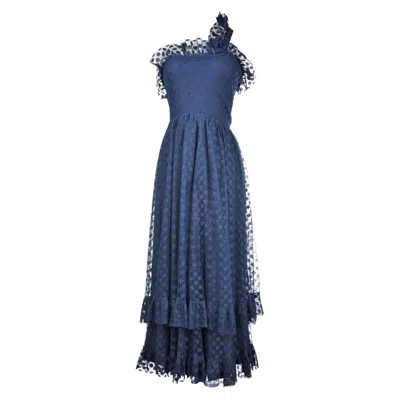 Pre-owned Jean Louis Scherrer A Jean-louis Sherrer Evening Dress In Navy Polka Dots Net Circa 1980 In Blue