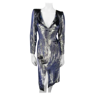 Pre-owned Jean Louis Scherrer Jean-louis Scherrer 2 Silver & Navy Metallic Velvet Long Sleeve Sheath Dress In Blue