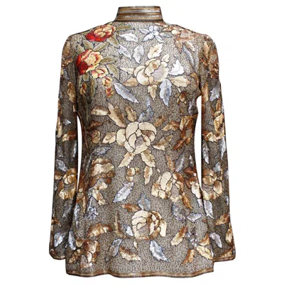 Pre-owned Jean Louis Scherrer Jean-louis Scherrer Haute Couture Chiffon Top With Sequins In Brown