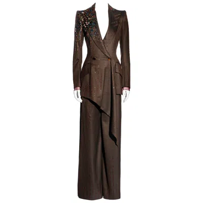 Pre-owned Jean Louis Scherrer Jean-louis Scherrer Haute Couture Embellished Brown Wool Pant Suit, Fw 2001