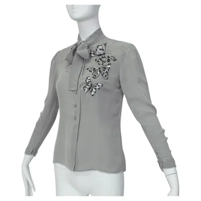 Pre-owned Jean Louis Scherrer Jean-louis Scherrer Haute Couture Gray Chiffon Butterfly Bead Blouse - Xs, 1970s