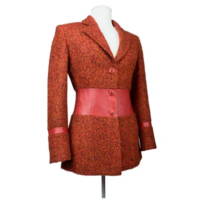 Pre-owned Jean Louis Scherrer Looped Wool And Leather Jacket By Jean-louis Sherrer French Circa 2000 - 2010 In Red