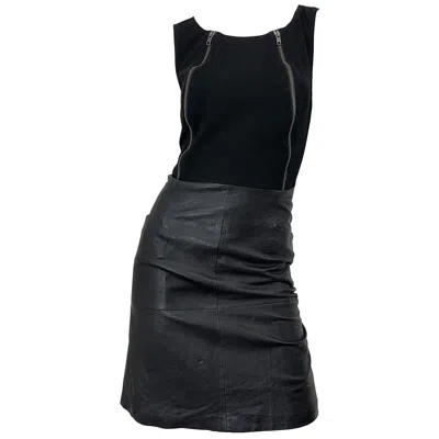 Pre-owned Jean Louis Scherrer Nwt 1990s  Black Leather + Jersey Bodycon Vintage 90s Dress
