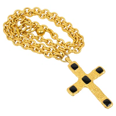 Pre-owned Jean Louis Scherrer Paris Gilded Metal And Black Enamel Cross Pendant Necklace