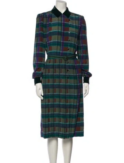 Pre-owned Jean Louis Scherrer Plaid Print Midi Length Dress In Green