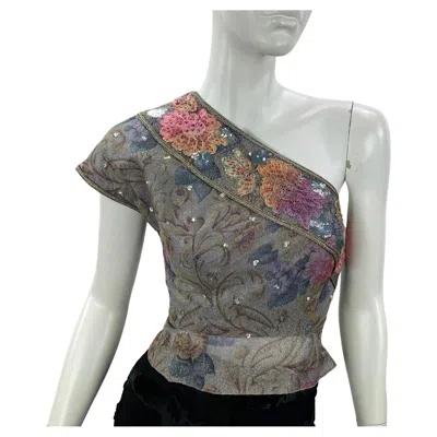 Pre-owned Jean Louis Scherrer Vintage 1980's Jean-louis Scherrer Embroidered & Beaded Crop Top France In Gray
