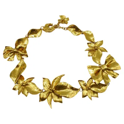 Pre-owned Jean Louis Scherrer Vintage Gold Tone Flower & Bow Necklace In Multi