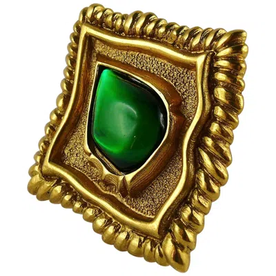 Pre-owned Jean Louis Scherrer Vintage Gold Toned And Green Cabochon Diamond-shaped Brooch