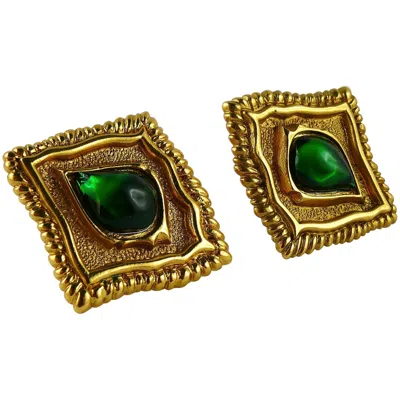 Pre-owned Jean Louis Scherrer Vintage Gold Toned & Green Cabochon Diamond-shaped Earrings