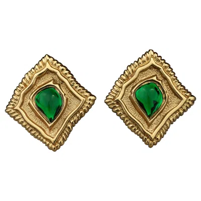 Pre-owned Jean Louis Scherrer Vintage  Green Cabochon Textured Inverted Square Earrings