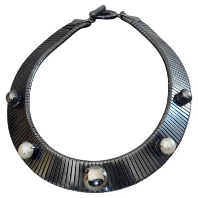 Pre-owned Jean Louis Scherrer Vintage  Pearl Ball Studs Gunmetal Choker Necklace In Gray