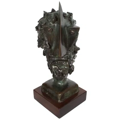 Pre-owned Jean Mahie Bronze Cubist Head Sculpture Titled Veneration In Gold