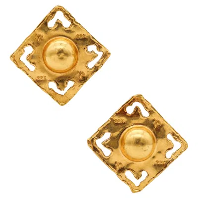 Pre-owned Jean Mahie Sculptural Square Clips-on Earrings In Textured 22kt Yellow Gold