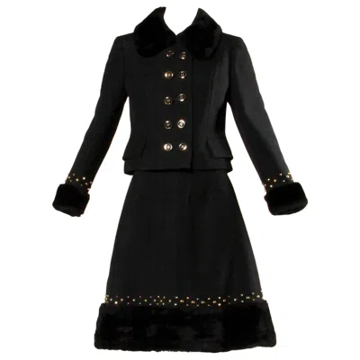 Pre-owned Jean Patou 1960s  Vintage Wool Jacket + Skirt Suit Ensemble With Faux Fur Trim In Black