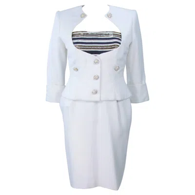 Pre-owned Jean Patou Couture Embellished White Gold & Navy Linen Dress Ensemble Size 2-4