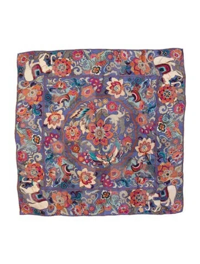 Pre-owned Jean Patou Silk Floral Print Scarf In Blue