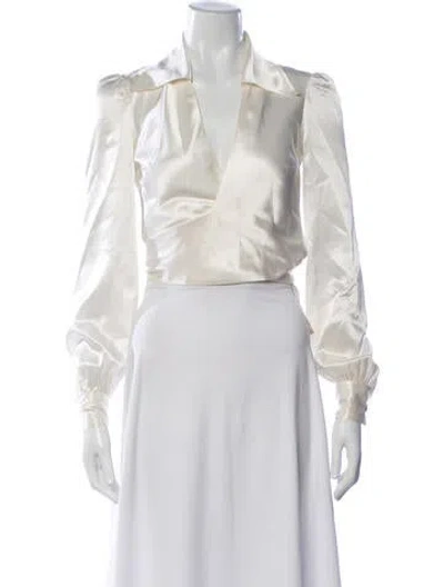 Pre-owned Jean Patou V-neck Long Sleeve Blouse In White