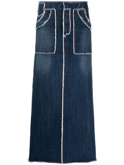 Pre-owned Jean Paul Gaultier 1990s Distressed Edges Maxi Denim Skirt In Blue