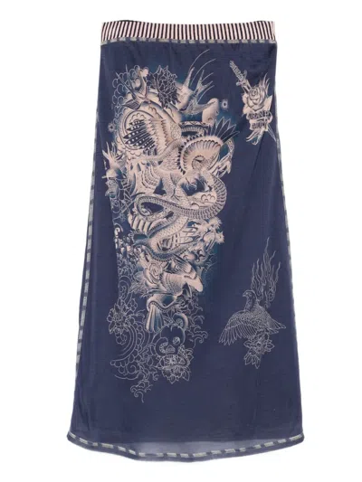 Pre-owned Jean Paul Gaultier 2000s Dragon-print Skirt In Blue