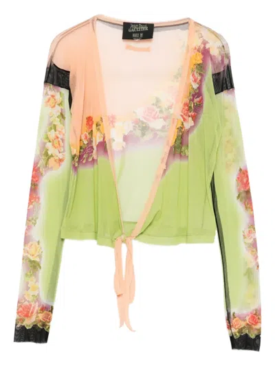 Pre-owned Jean Paul Gaultier 2000s Floral-detail Mesh Top In Green