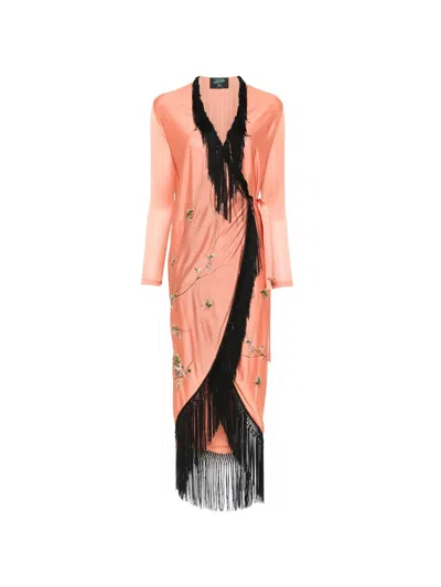 Pre-owned Jean Paul Gaultier 2000s Fringe-trim Embroidered Kimono In Orange