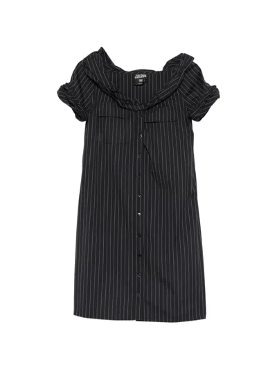 Pre-owned Jean Paul Gaultier 2000s Pinstripe Off-the-shoulder Mini Dress In Black