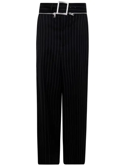 JEAN PAUL GAULTIER PINSTRIPE WOOL TAILORED TROUSER WITH ZIP OFF BELT,25.33.F.PA178.C074.0001 0001 BLACK WHITE