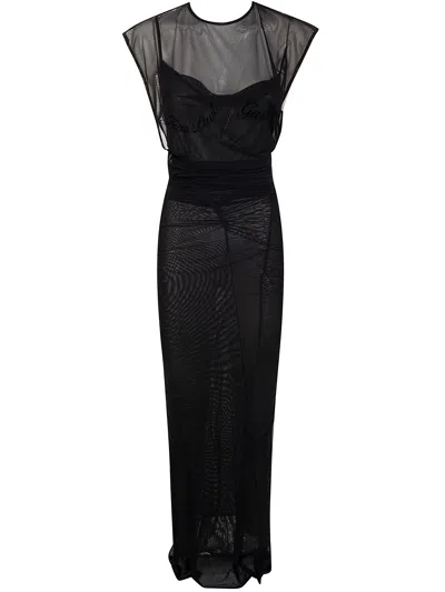 JEAN PAUL GAULTIER MESH OPEN BACK SLEEVELESS DRESS VELVET FLOCK "JEAN,25.33.F.RO370I.T005.00 00 BLACK