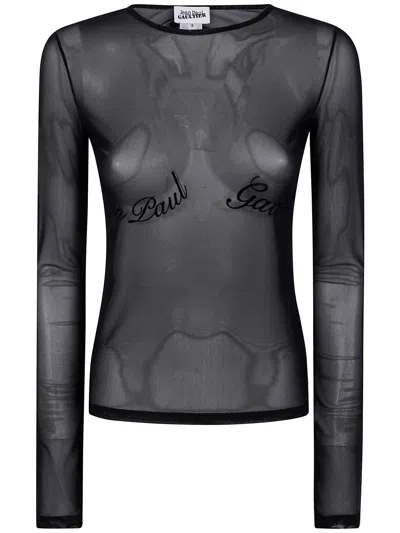 JEAN PAUL GAULTIER MESH LONG SLEEVES TOP WITH VELVET FLOCK "JEAN PAUL,25.33.F.TO263I.T005.00 00 BLACK