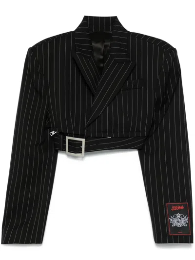 JEAN PAUL GAULTIER PINSTRIPE WOOL CROPPED TAILORED JACKET WITH ZIP OFF