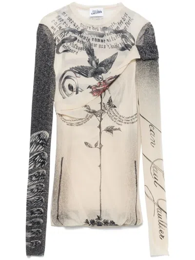 JEAN PAUL GAULTIER MESH TOP DOUBLE LAYER PRINTED "TATTOO ROSE & BIRD",25.34.F.TO269.T583 030030 ECRU BLACK RED