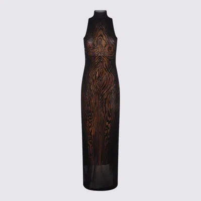 Jean Paul Gaultier Double-layer Printed Mesh Long Dress In Brown
