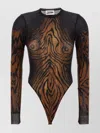Jean Paul Gaultier Abstract Pattern Crew Neck Long Sleeve Bodysuit In Brown