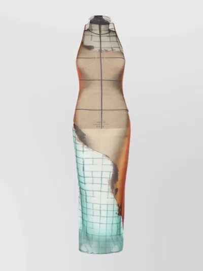 Jean Paul Gaultier Abstract Print Tulle Fire Dress In Brown