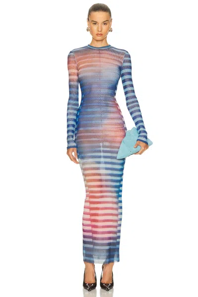 Jean Paul Gaultier Mesh Striped Bodycon Maxi Dress In Blue