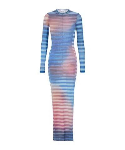 Jean Paul Gaultier Long Mesh Dress With Air Print And Crew Neck In Blue