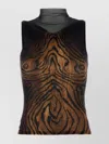 Jean Paul Gaultier Sleeveless Animal Print High Neck Sheer Top In Brown