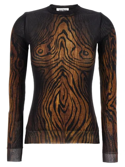 Jean Paul Gaultier Animal Print Stretch Tulle Blouse In Black
