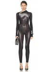 Jean Paul Gaultier Asymmetric Collar Body Dust Printed Catsuit In Black