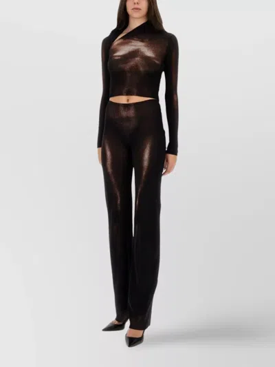 Jean Paul Gaultier Asymmetric Neck Long Sleeve Sheer Top In Brown