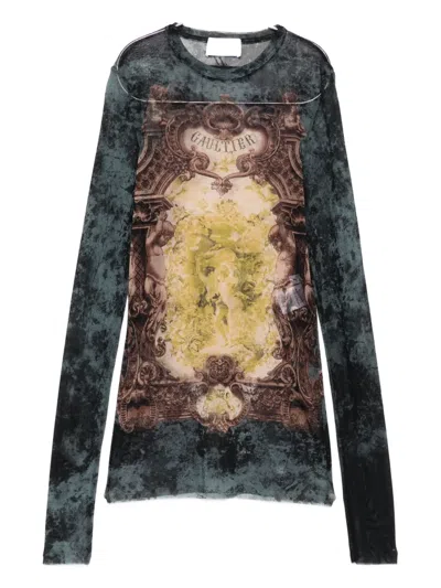 Jean Paul Gaultier Baroque-print Mesh T-shirt In Black