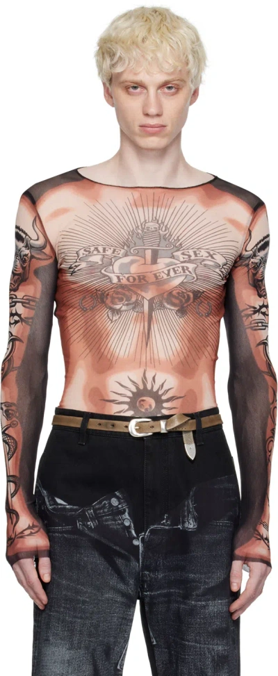 Jean Paul Gaultier Beige & Black Printed Long Sleeve T-shirt In 636000-nude/brown/bl