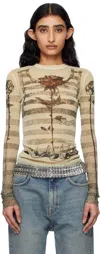 Jean Paul Gaultier Tattoo Mariniere Mesh Long-sleeve Top In 030030-ecru/black/re